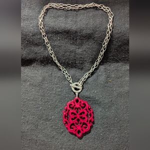 Zenzii Silver Tone Fuchsia Pink Front Toggle Clasp Pendant Statement Necklace